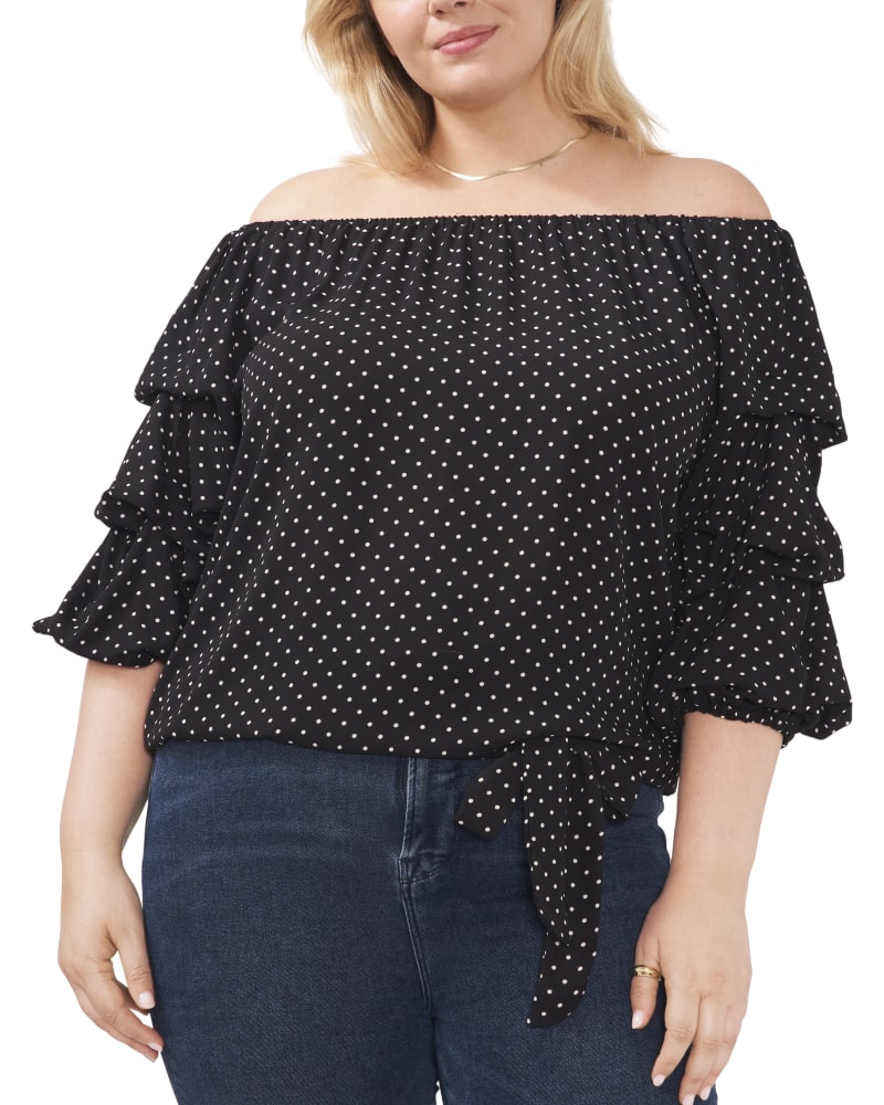 Front of a model wearing a size 1X Remi Bubble Sleeve Blouse in RICH BLACK by Vince Camuto. | dia_product_style_image_id:298661
